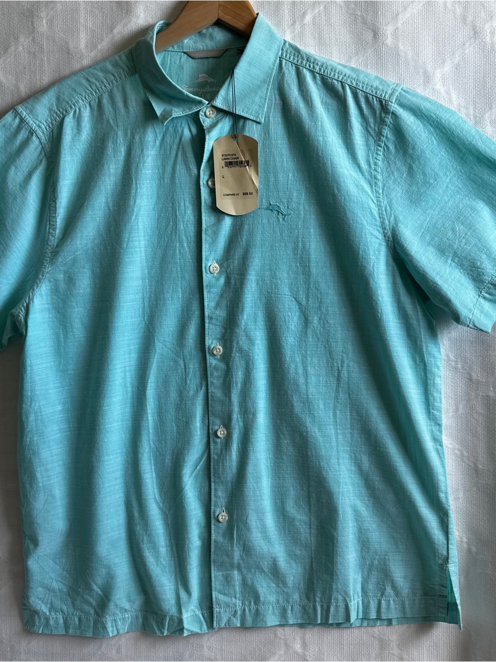 Tommy Bahama Lawn Chair Camp Shirt Mens L Aqua 100% Cotton NWT Short Sleeve